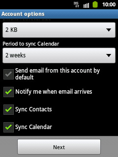 Press Sync Contacts and Sync Calendar to turn synchronisation on or off.