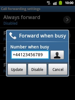 Press Disable.A request to cancel the selected divert type is sent to the network.Repeat until all diverts have been cancelled.