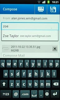 An email message containing the picture or video clip is created.Key in the first letters of the required contact.Matching contacts are displayed.Press the required contact.