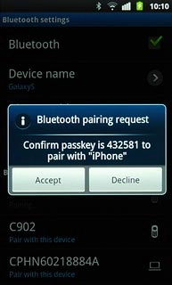Check that the same access code is displayed on both devices and press Accept.The new device is displayed on the list of paired devices.