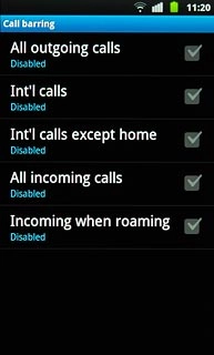 When the box next to the menu item is empty, call barring is turned off.Repeat until all call barrings have been turned off.