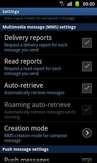 Press Delivery reports below Multimedia message (MMS) settings to turn the function on or off.
