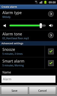 Press the field below Name.Key in the required name.Follow the instructions on the display to select more settings for the alarm.