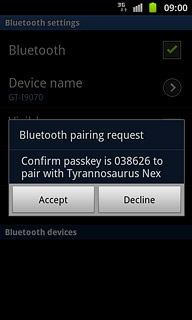 Check that the same access code is displayed on both devices and press Accept.You also need to accept the access code on the other device.The new device is displayed on the list of paired devices.