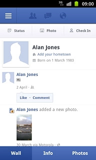 You can now use the application.Please note that Facebook isn't part of the original application package and therefore only a general description is given here.You have a number of options, such as:Write status updatesSend messagesWrite text on WallUpload picturesSelect application settings
