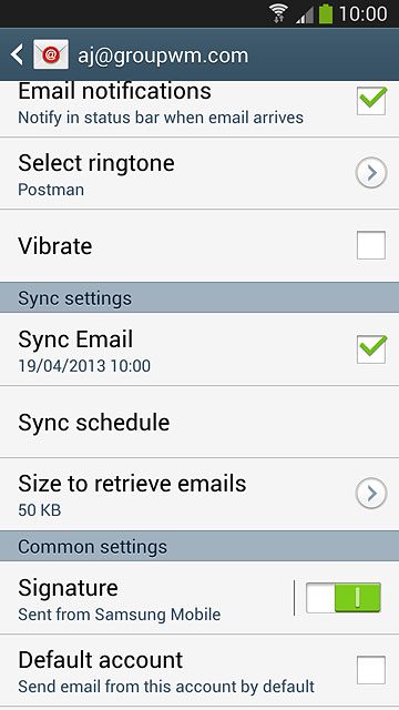 Press Default account to select the email account as your default account.