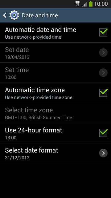 Press Automatic date and time until the function is turned on.