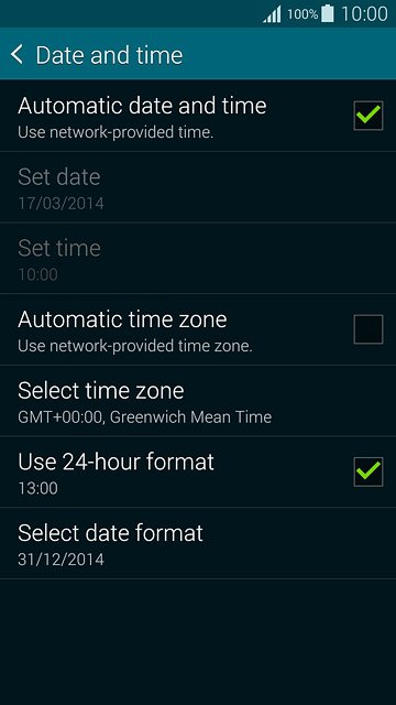 Press Automatic date and time until the function is turned on.