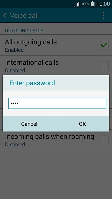 Key in your barring password (default is 0000) and press OK to turn the function on or off.