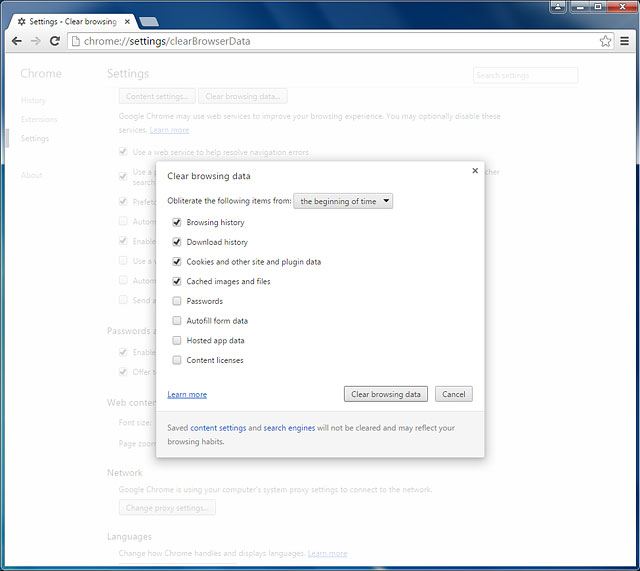 Click Clear browsing data to clear cache and cookies.