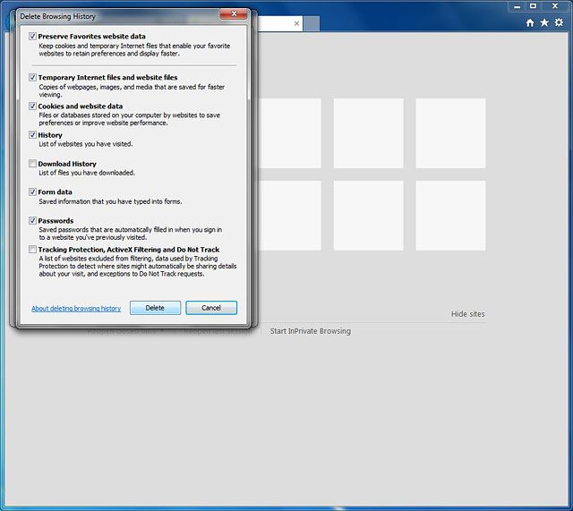 Click Delete to clear cache and cookies.