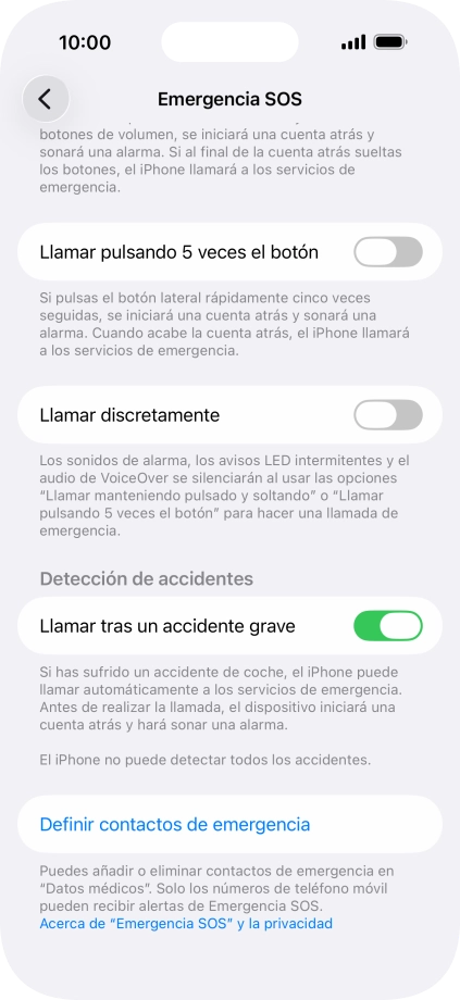 Pulsa Definir contactos de emergencia y sigue las indicaciones de la pantalla para insertar la información y tus contactos de emergencia.
