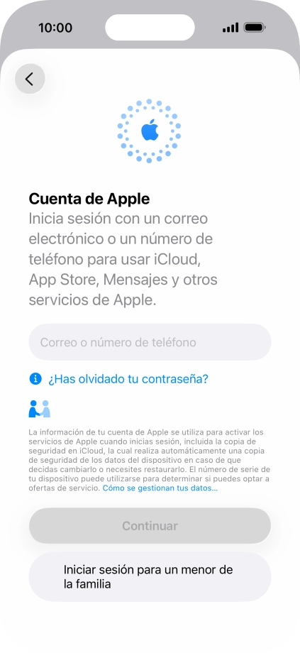 Pulsa Correo o número de teléfono e introduce el nombre de usuario de tu Cuenta de Apple.
