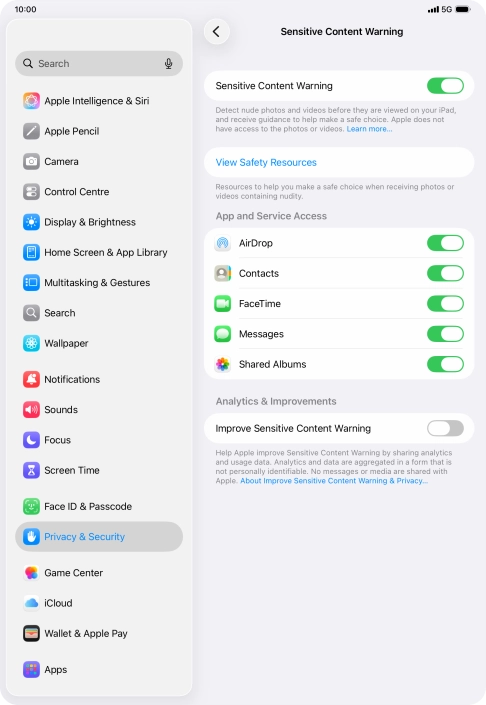 Press the indicators next to the required applications to turn the function on or off.