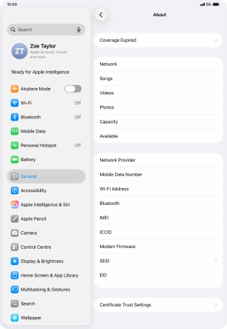 Your tablet's EID number is displayed below EID.