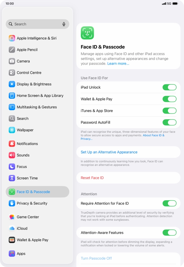 Press the indicators next to the required settings to turn them on or off.