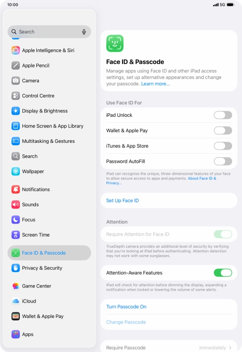Press Turn Passcode On and key in a lock code of your own choice twice.