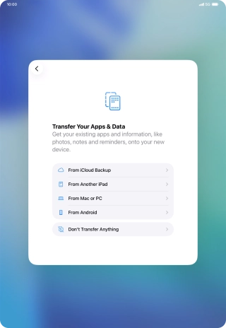 When this screen is displayed, your tablet is ready to restore content from an iCloud backup.