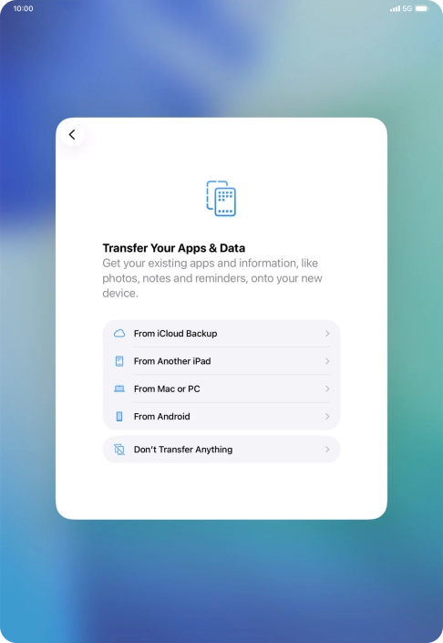 When this screen is displayed, your tablet is ready to restore content from an iCloud backup.