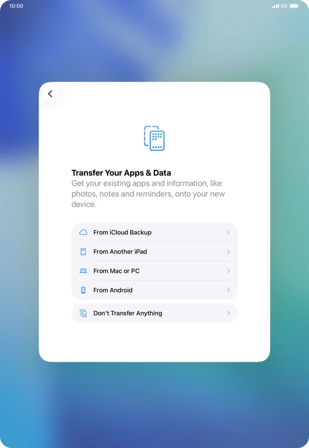 When this screen is displayed, your tablet is ready to restore content from an iCloud backup.