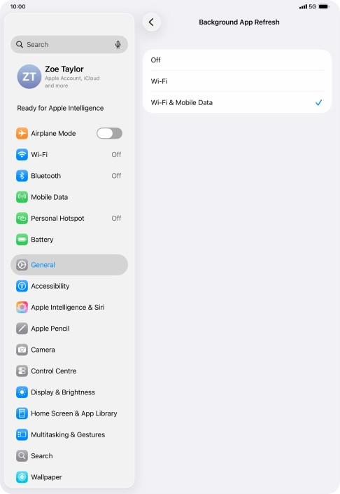 To turn off background refresh of apps, press Off.