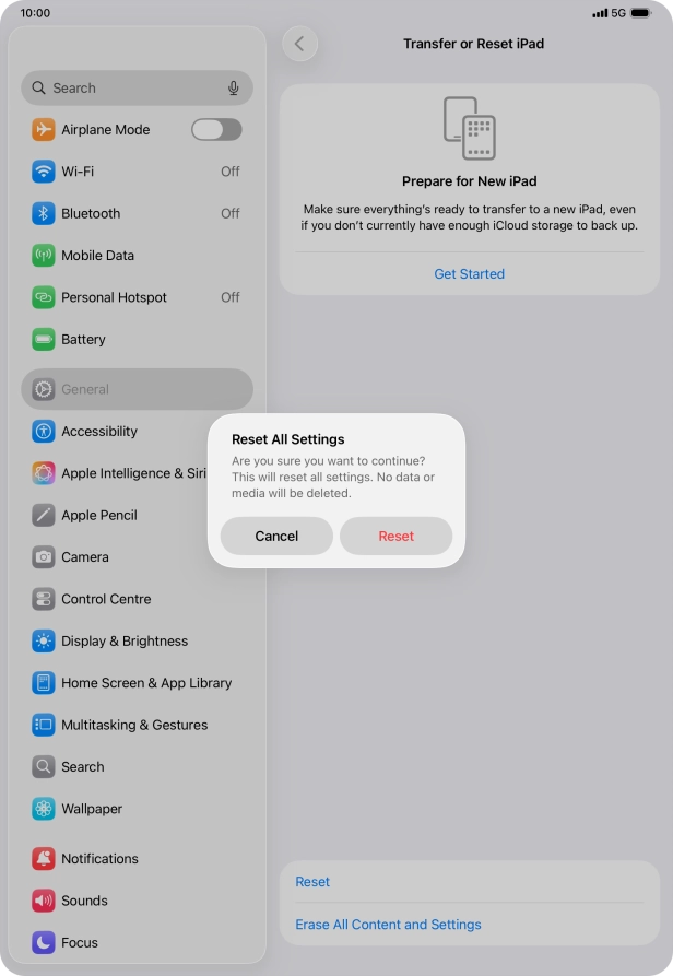 Press Reset. Wait a moment while the factory default settings are restored. Follow the instructions on the screen to set up your tablet and prepare it for use.