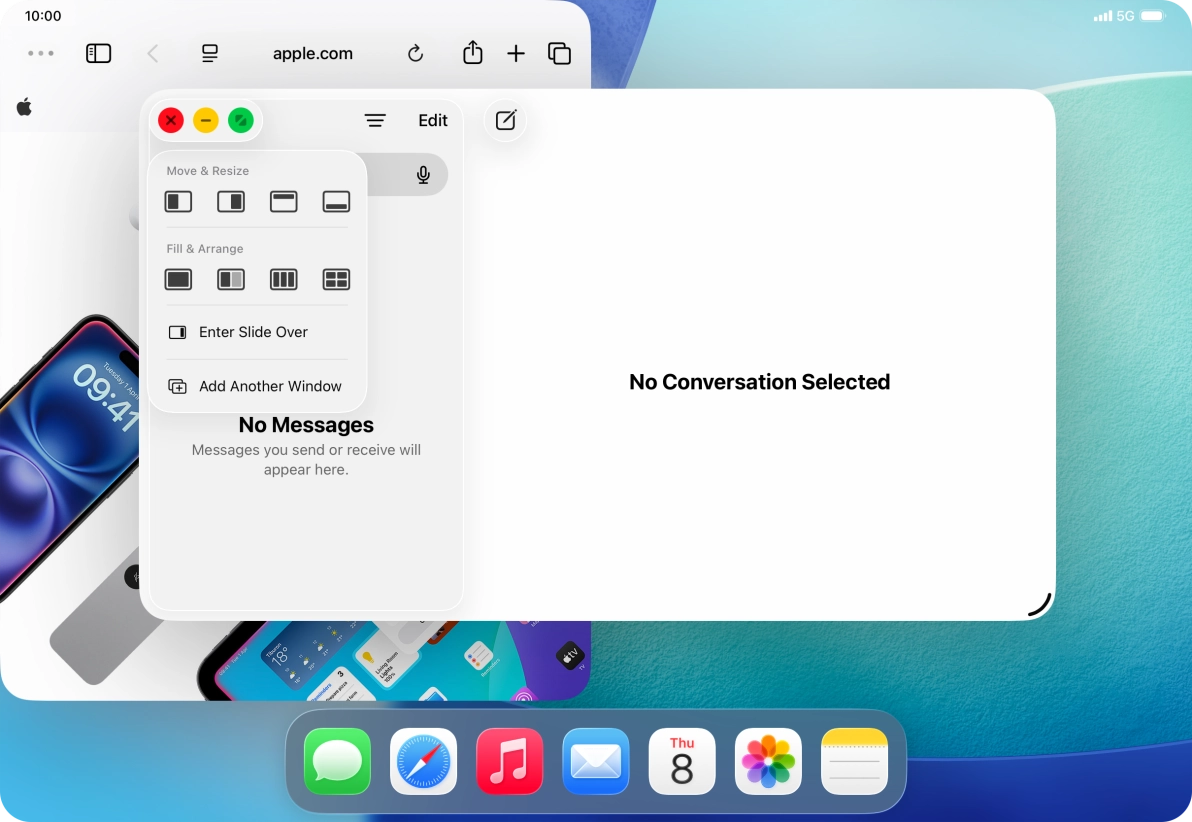 Press the required setting to place the application window on the opposite side of the screen from the first application window.