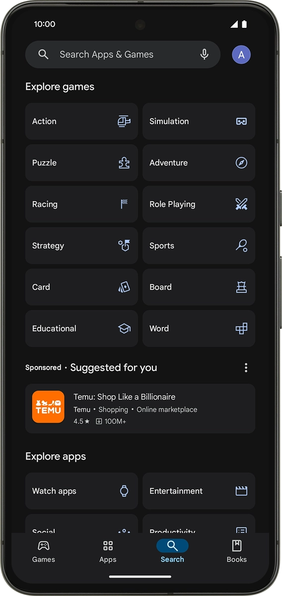 On your phone: Press the search field and key in the name or subject of the required app.