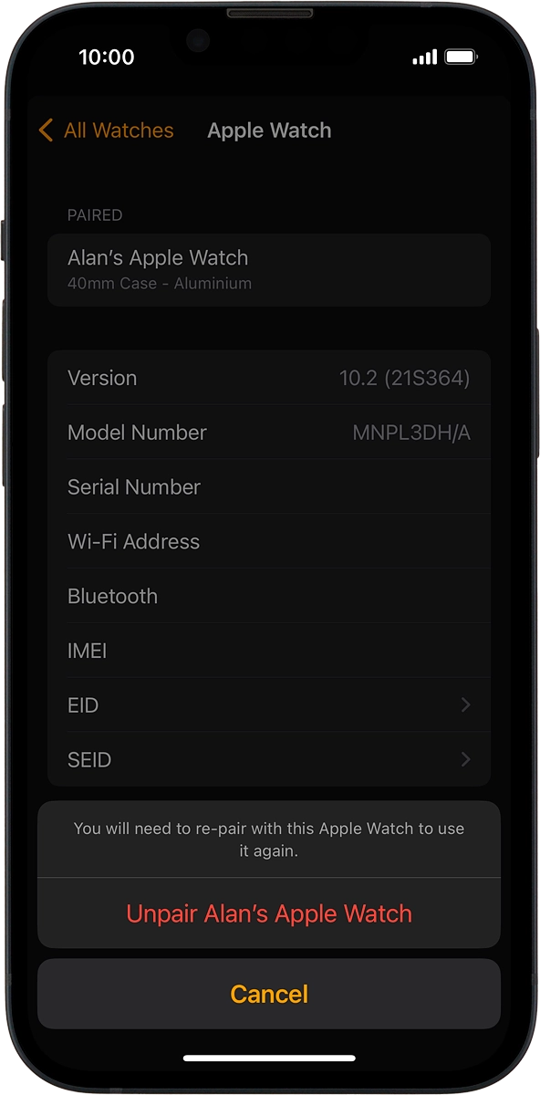 On your phone: Press Unpair Apple Watch and follow the instructions on the screen to unpair your Apple Watch and your phone. When prompted, key in the password for your Apple ID.