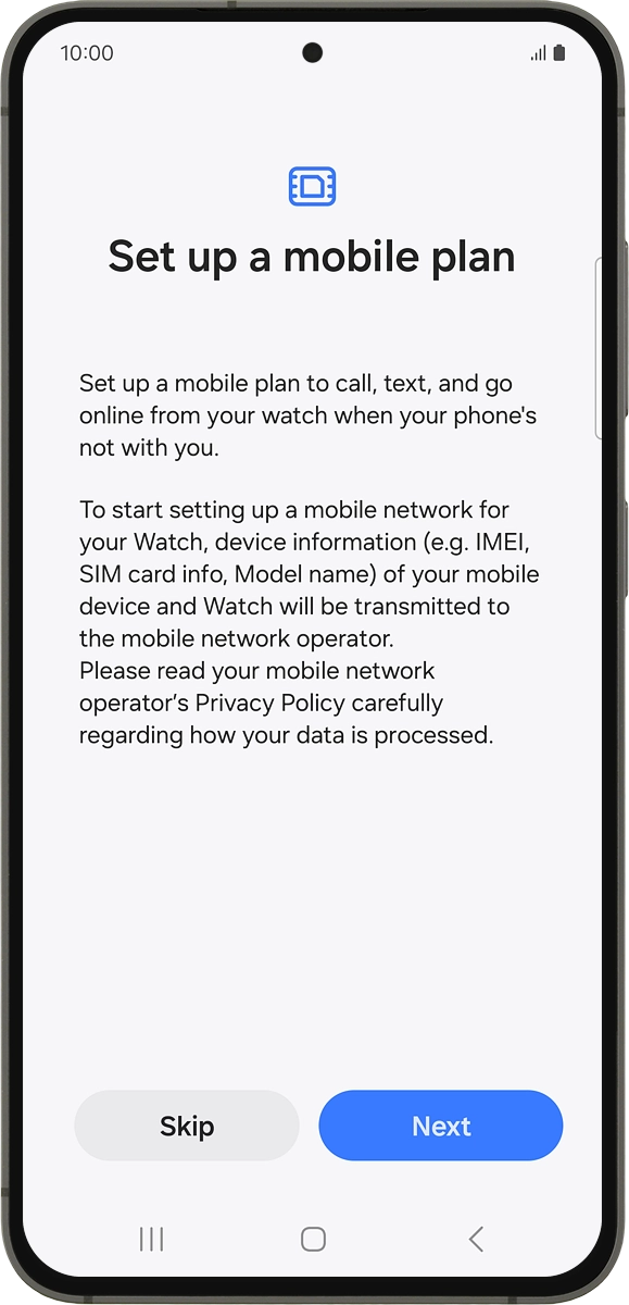 On your phone: Press Next and follow the instructions on the screen to set up mobile data.