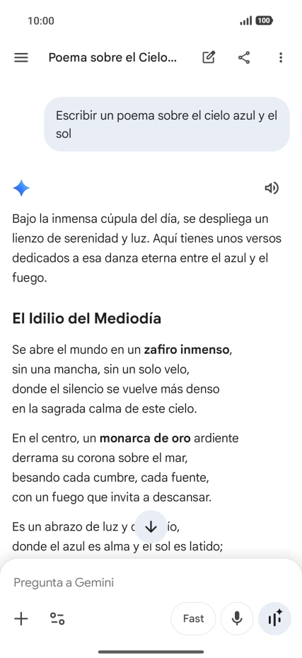 A Gemini le puedes pedir que genere un texto a partir de una descripción tuya. A Gemini le puedes pedir que genere un texto a partir de una descripción tuya.