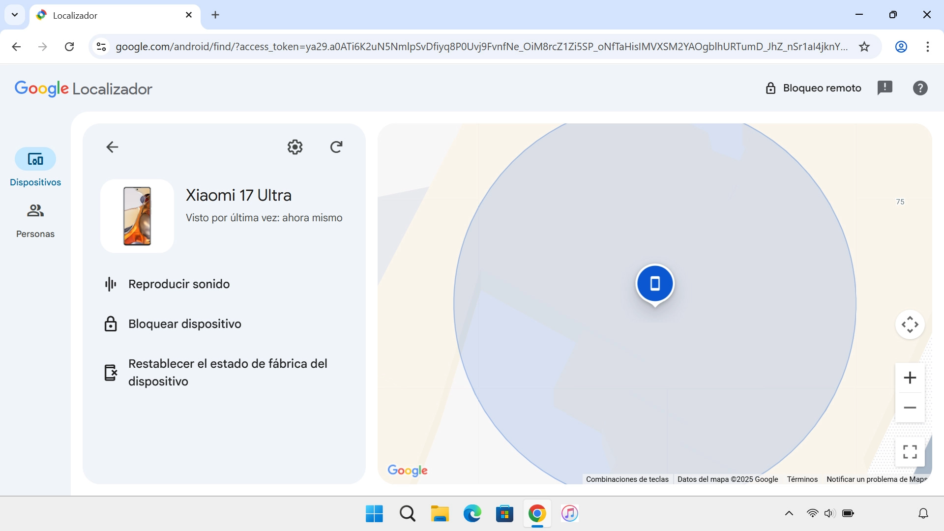 La última posición del teléfono se visualiza en el mapa.