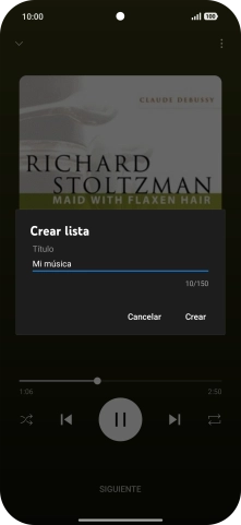 Introduce el nombre deseado de la lista de reproducción y pulsa Crear. Introduce el nombre deseado de la lista de reproducción y pulsa Crear.