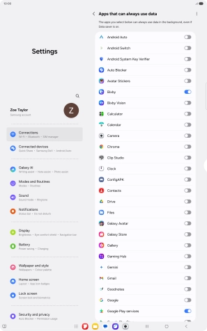 Press the indicators next to the required apps to turn the function on or off.