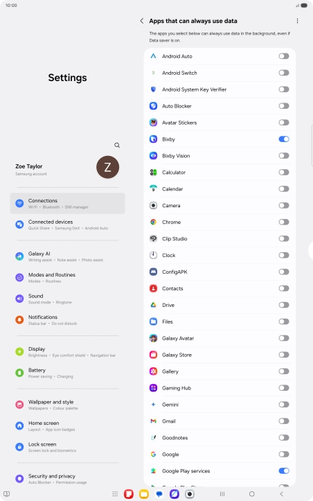Press the indicators next to the required apps to turn the function on or off.
