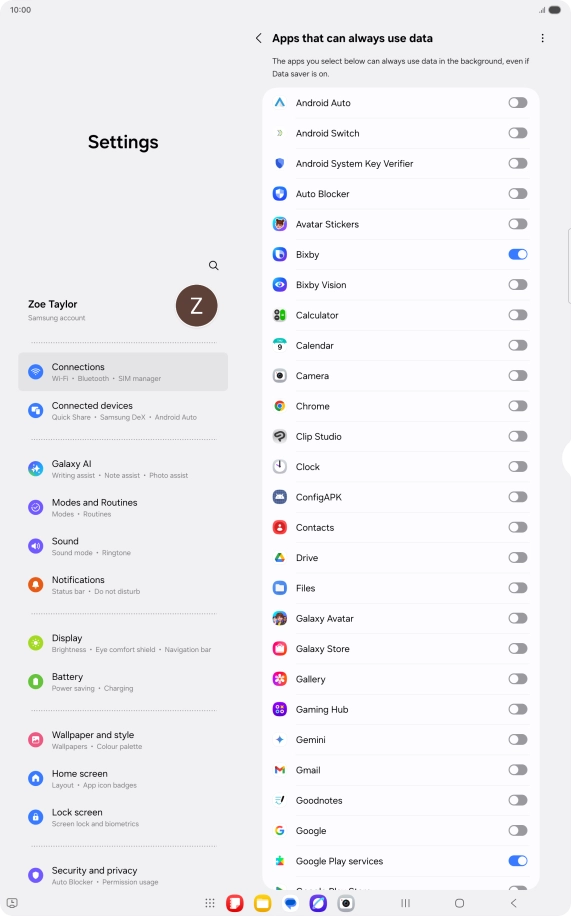 Press the indicators next to the required apps to turn the function on or off.