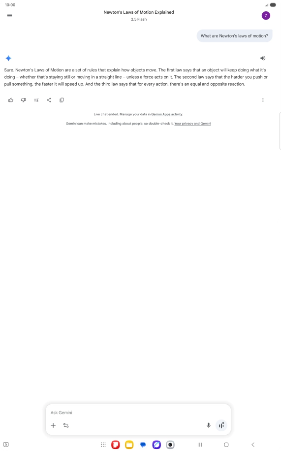 Transcription of the conversation with Gemini Live is now displayed.