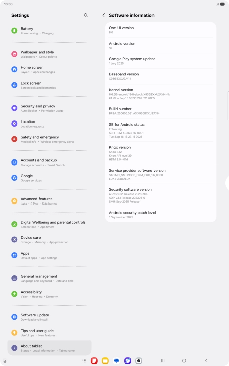 Your tablet's software version is displayed below Android version.