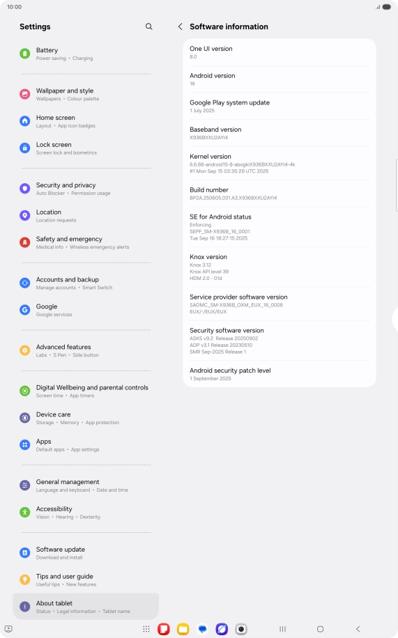 Your tablet's software version is displayed below Android version.