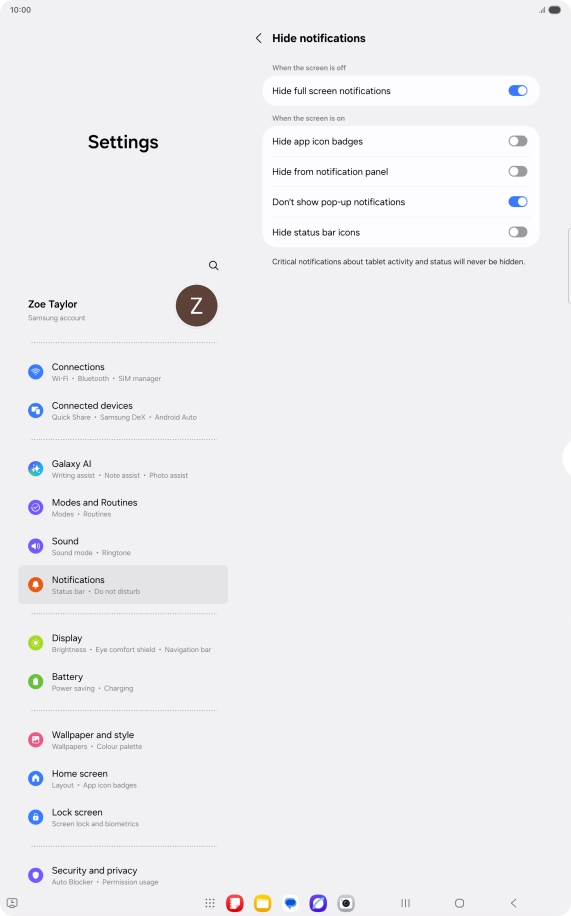 Press the indicators next to the required settings to turn display of the selected notification types on or off.