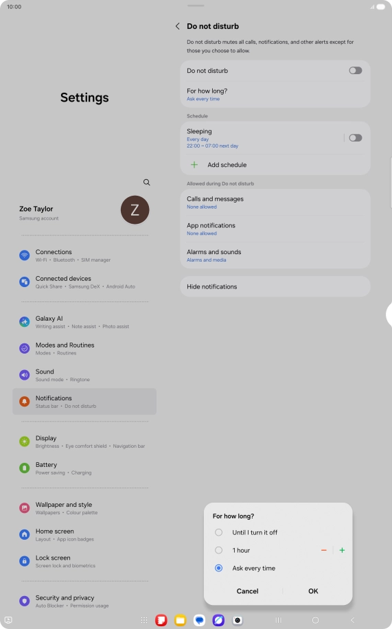Press the required setting.