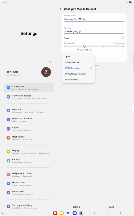Press WPA3-Personal to password protect your Wi-Fi hotspot.