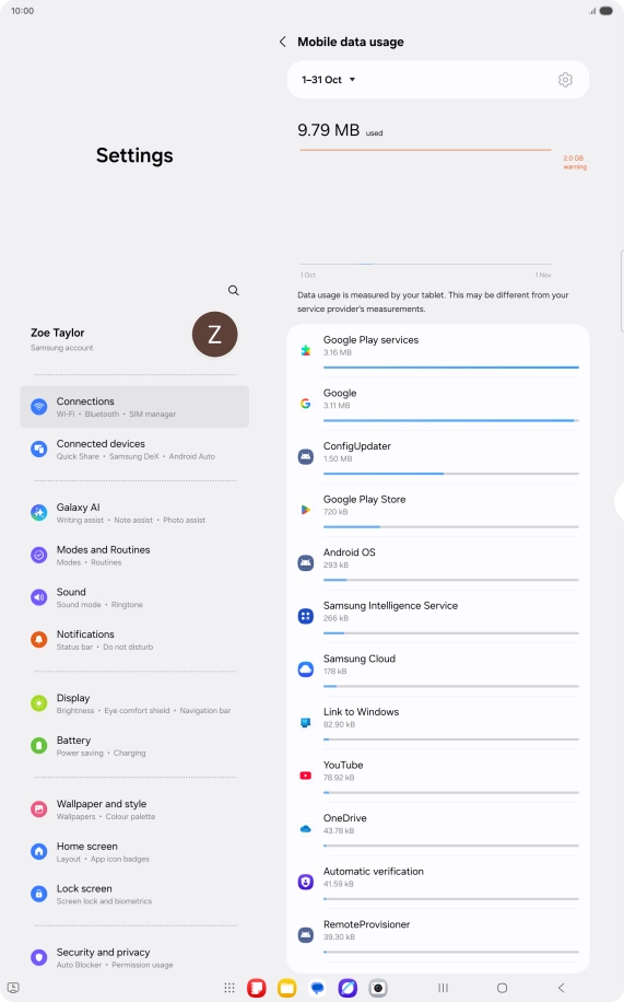 The data usage for each application is displayed below the name of the application.