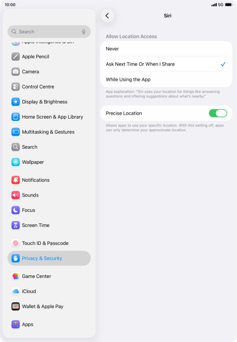 Press the required setting to turn the function on or off.