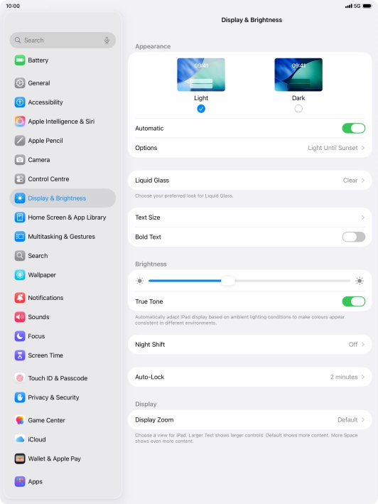 If you turn on the function, press Options and follow the instructions on the screen to select the required period of time for Dark Mode.