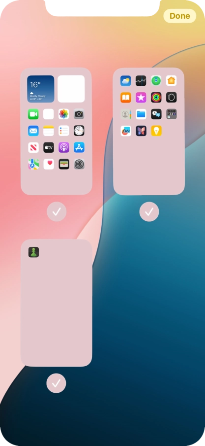 Press the field below the required home screen page to turn page view on or off. Press the field below the required home screen page to turn page view on or off.