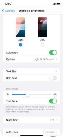 If you turn on the function, press Options and follow the instructions on the screen to select the required period of time for Dark Mode.