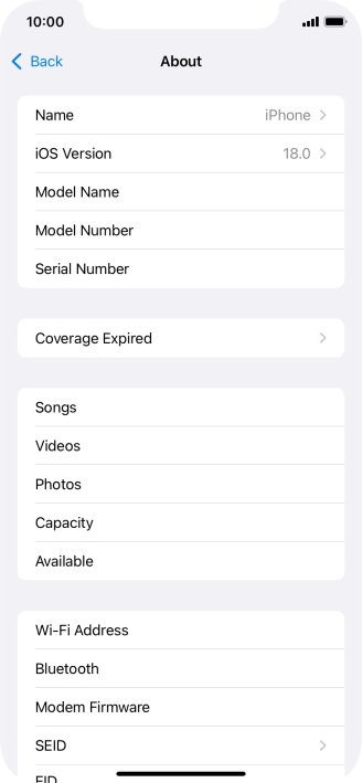 Your phone's software version is displayed next to iOS Version.