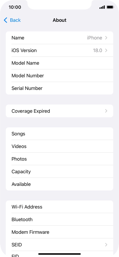 Your phone's software version is displayed next to iOS Version.