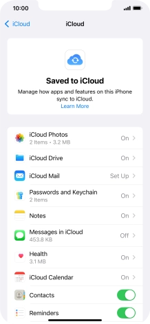 Press the indicators next to the required data types to turn synchronisation of each data type on or off.